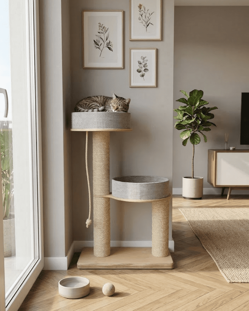 Wąski drapak przyścienny dla kota z dwoma legowiskami (120 cm) – Oszczędność miejsca w wielkim stylu NR2633